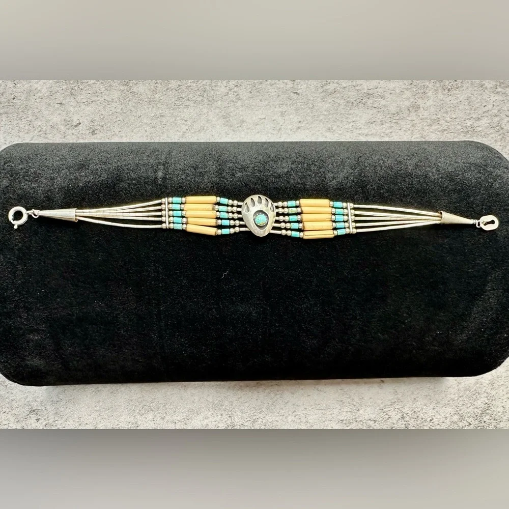 Sterling Silver Turquoise Bear Paw Bracelet | Native American Southwestern | 8” - Picture 1 of 5